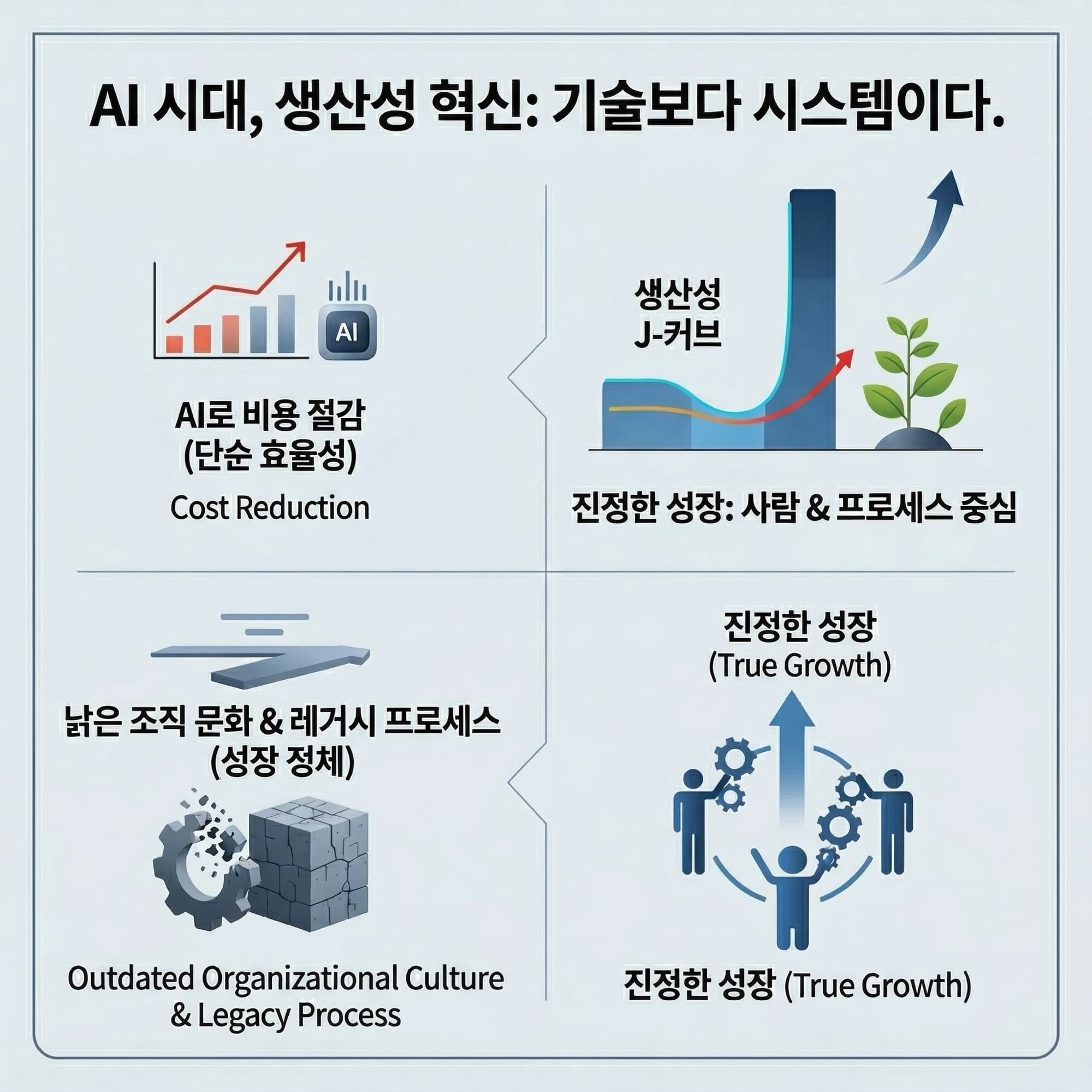 AI로 비용절감 그쳐선 안돼 … 낡은 조직문화 바꿔야 생산성 올라 요약 도해