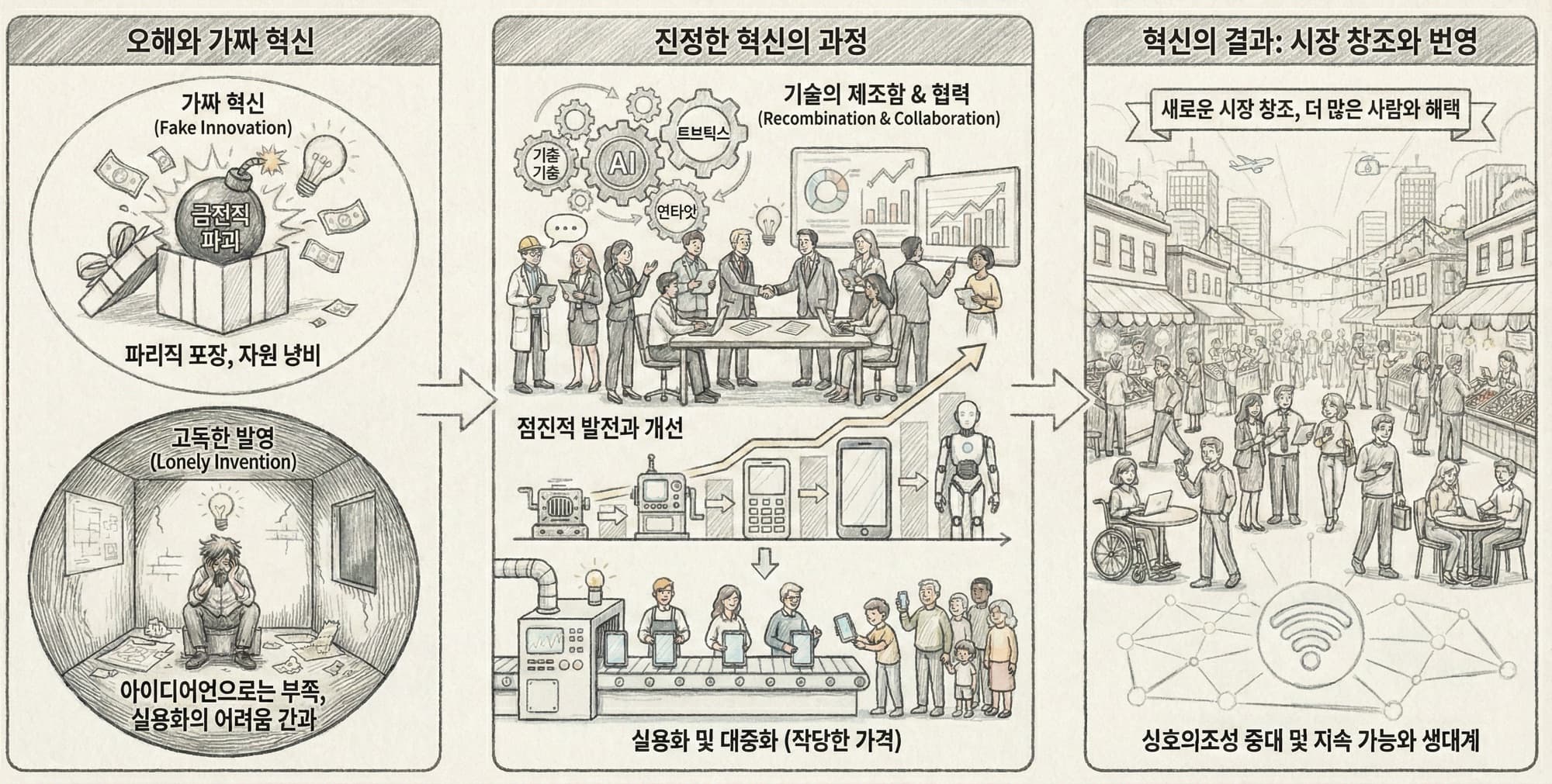 혁신은 발명과 달리 단체 스포츠… 협력과 공유가 핵심 요약 도해