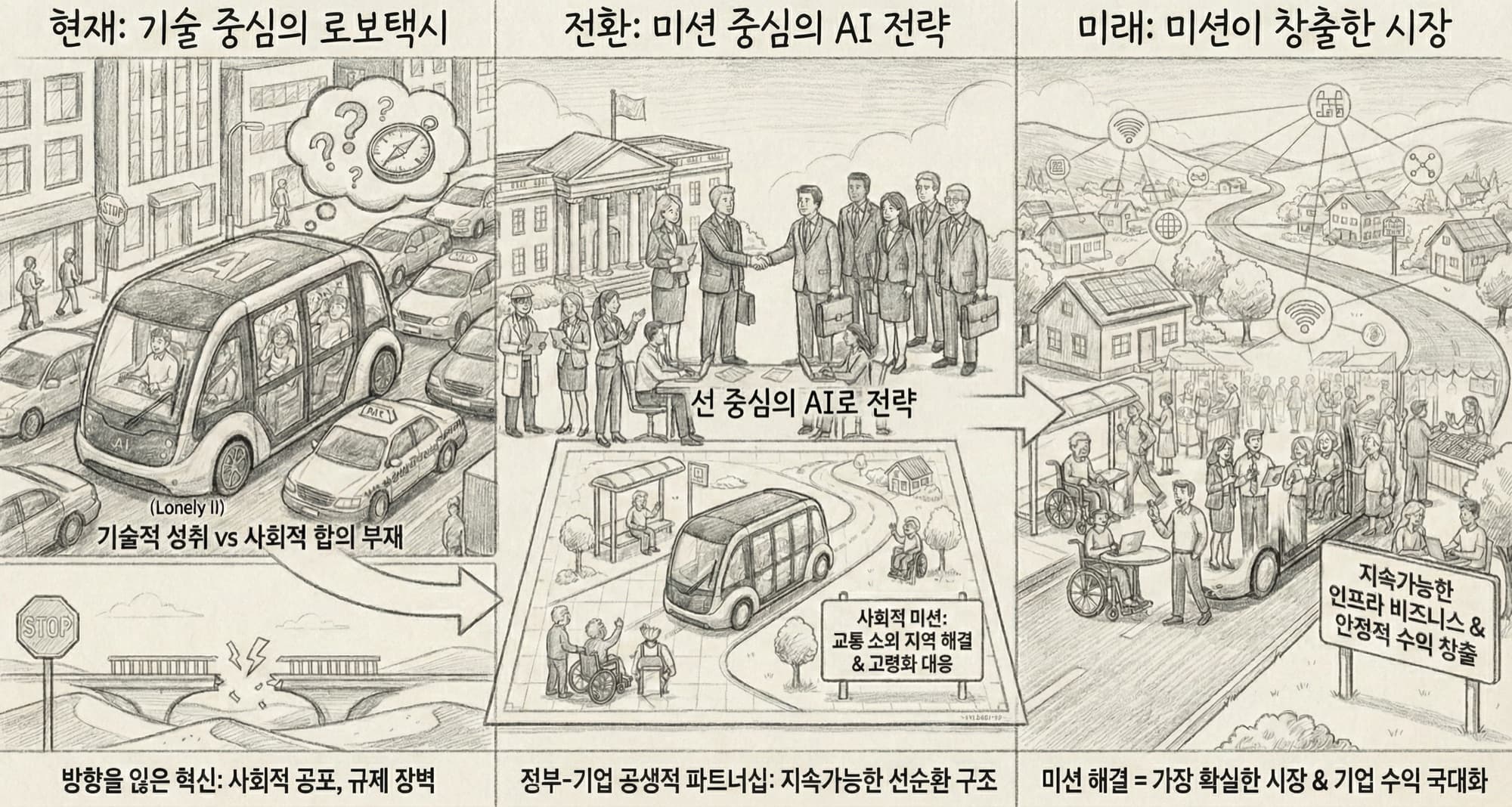 운전자 없는 '로보택시' 도입… 사회적 약자보호 미션까지 고려를 요약 도해