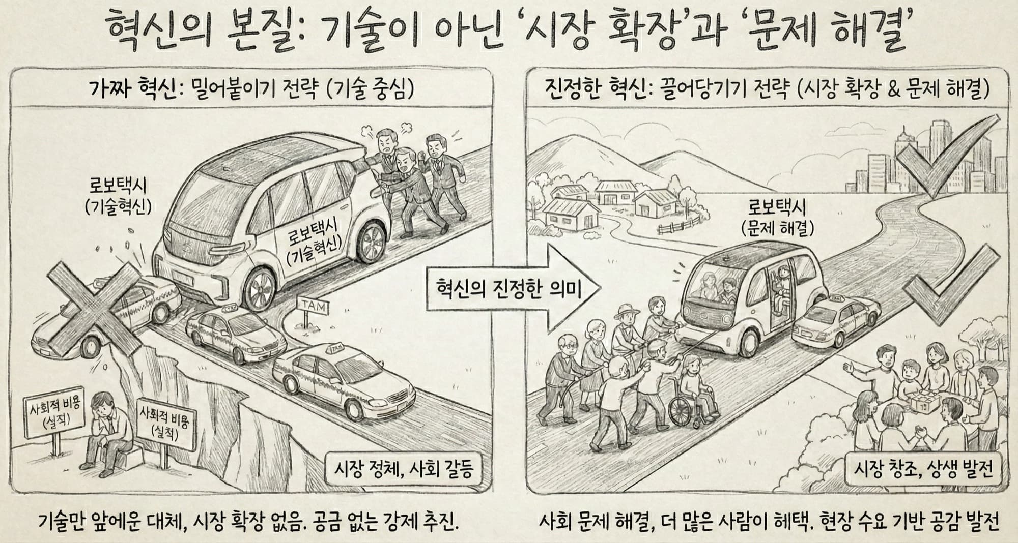 로보택시가 혁신이 되기 위해서는: '대체'를 넘어 '확장'으로 요약 도해